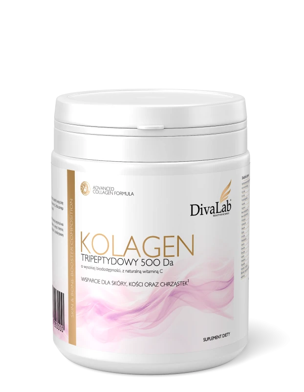 Tripeptydy kolagenu wołowego 500 Da DivaLab z naturalną witaminą C – suplement diety w proszku uzupełniający dietę w kolagen i witaminę C, opracowany dla osób dbających o kondycję skóry.