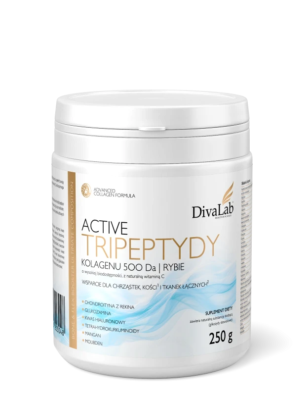 Tripeptydy kolagenu rybiego 500 Da DivaLab Active to niskocząsteczkowa formuła peptydowa. Zawiera witaminę C, kwas hialuronowy oraz tetrahydrokurkuminoidy. Suplement diety dla osób aktywnych wspierający zdrowie stawów i kości