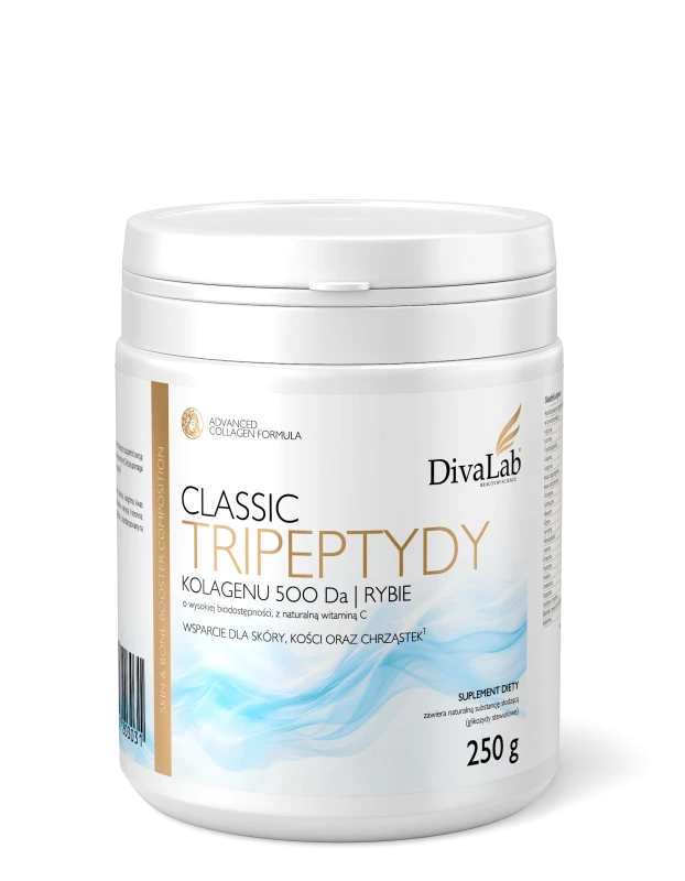 Tripeptydy kolagenu rybiego 500 Da DivaLab Classic to niskocząsteczkowa formuła oparta na precyzyjnej frakcji peptydów kolagenowych. Zawiera naturalną witaminę C z owoców aceroli.  Wspiera zdrowie skóry i aparatu ruchu.