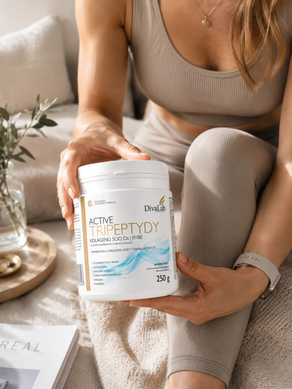 DivaLab Active Tripeptydy kolagenu rybiego 500 Da dla osób aktywnych. Suplement diety z chondroityną z rekina, glukozaminą, kwasem hialuronowym, witaminą C, manganem i molibdenem na stawy, kości, chrząstki i tkanki łączne.